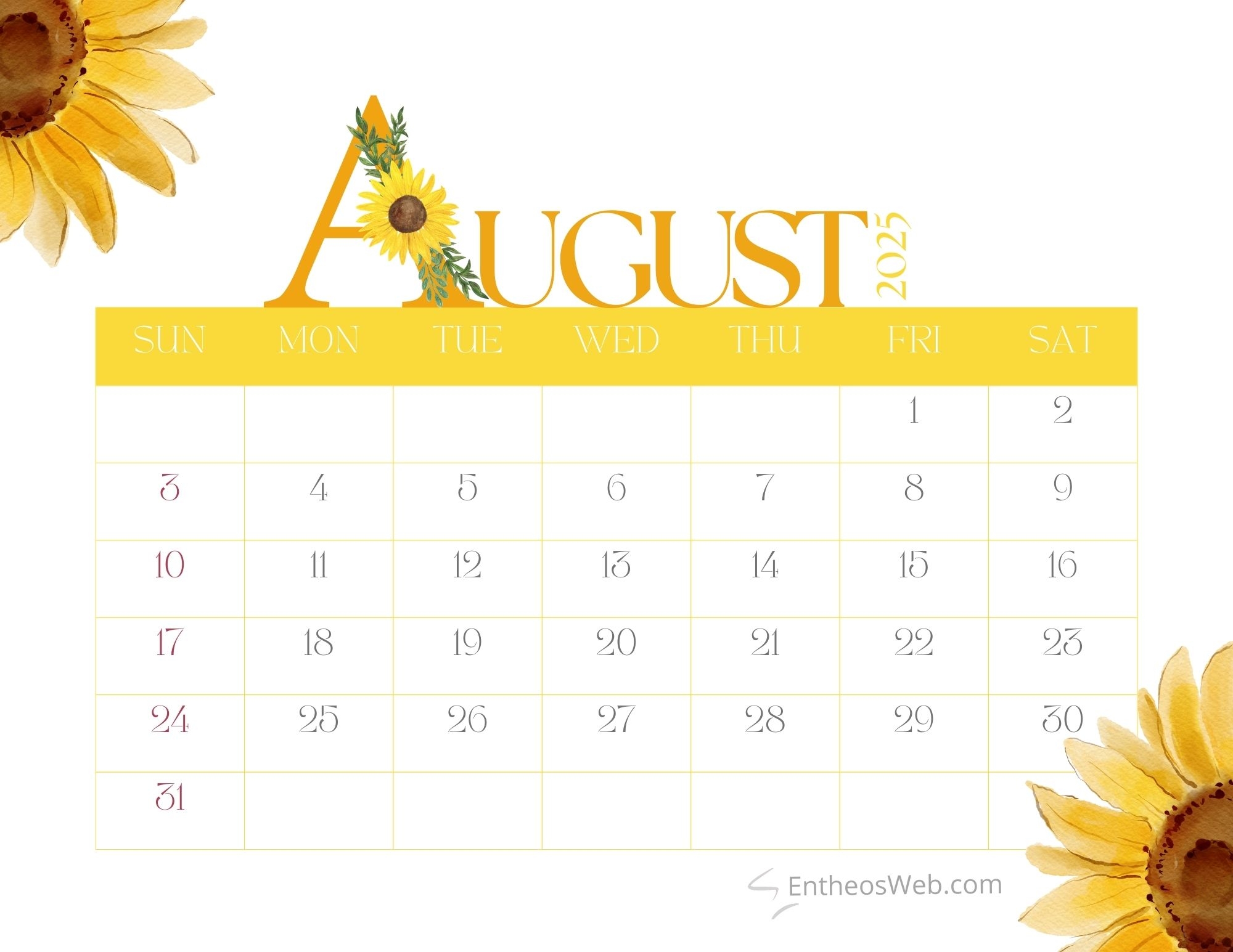 Free August Printable Calendar Free August Printable Calendar