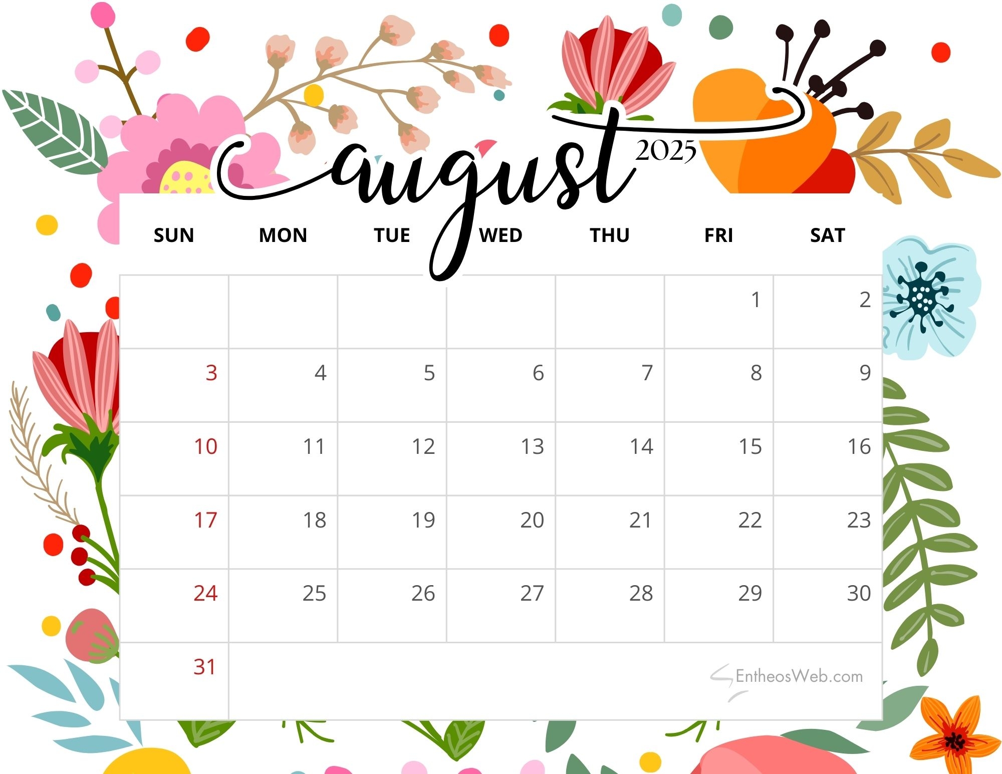 Free August 2025 Printable Calendars EntheosWeb Free August 2025 Printable Calendars EntheosWeb