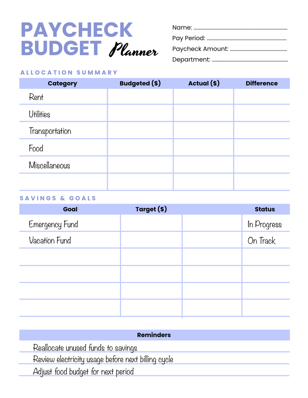 Free Paycheck Budget Planner Template To Edit Online
