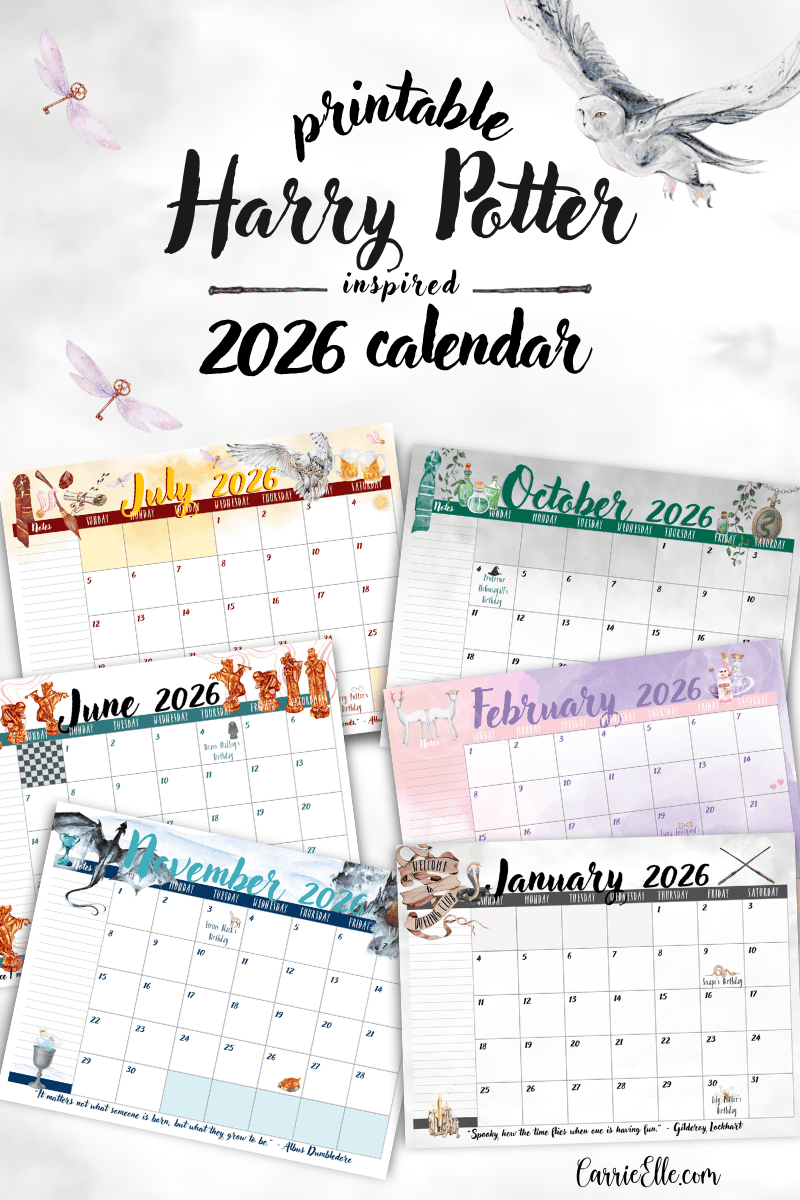 Free Printable 2026 Harry Potter Inspired Calendar Wizard Magic For Every Month Carrie Elle