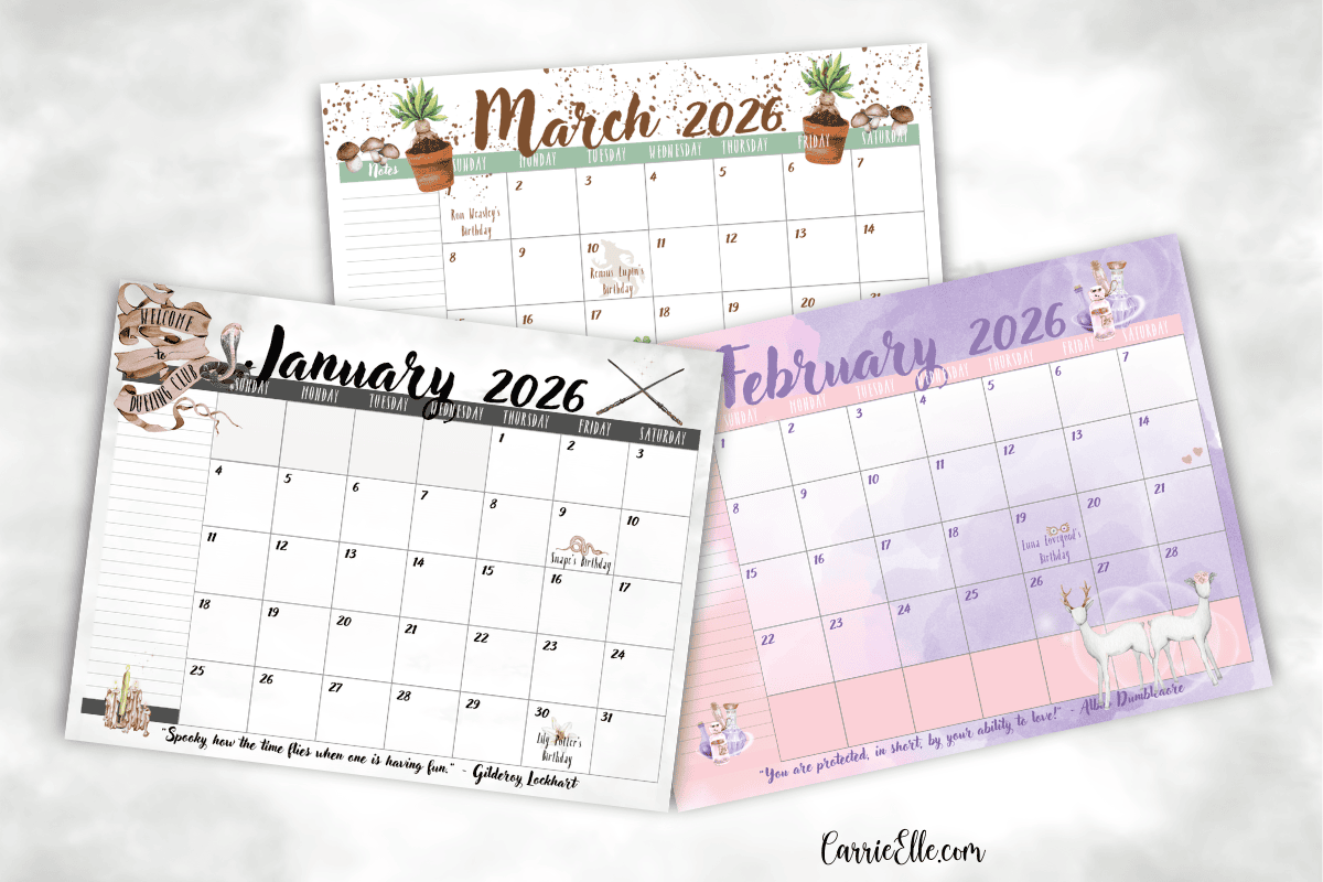 Free Printable 2026 Harry Potter Inspired Calendar Wizard Magic For Every Month Carrie Elle