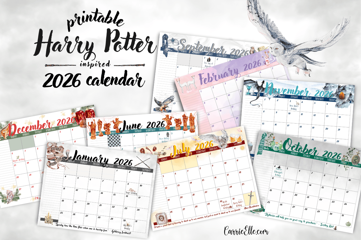 Free Printable 2026 Harry Potter Inspired Calendar Wizard Magic For Every Month Carrie Elle