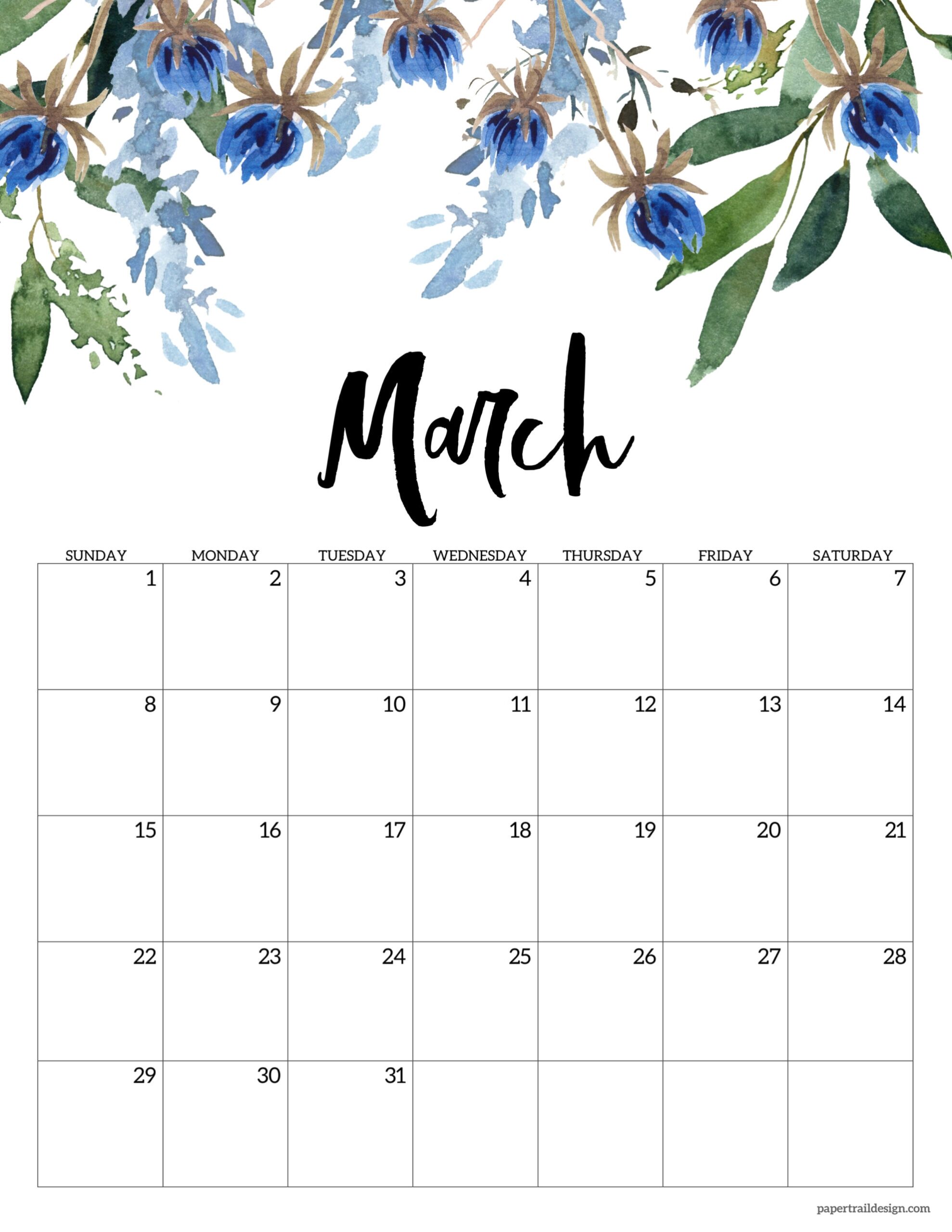 Free Printable Floral Calendar 2026 Paper Trail Design