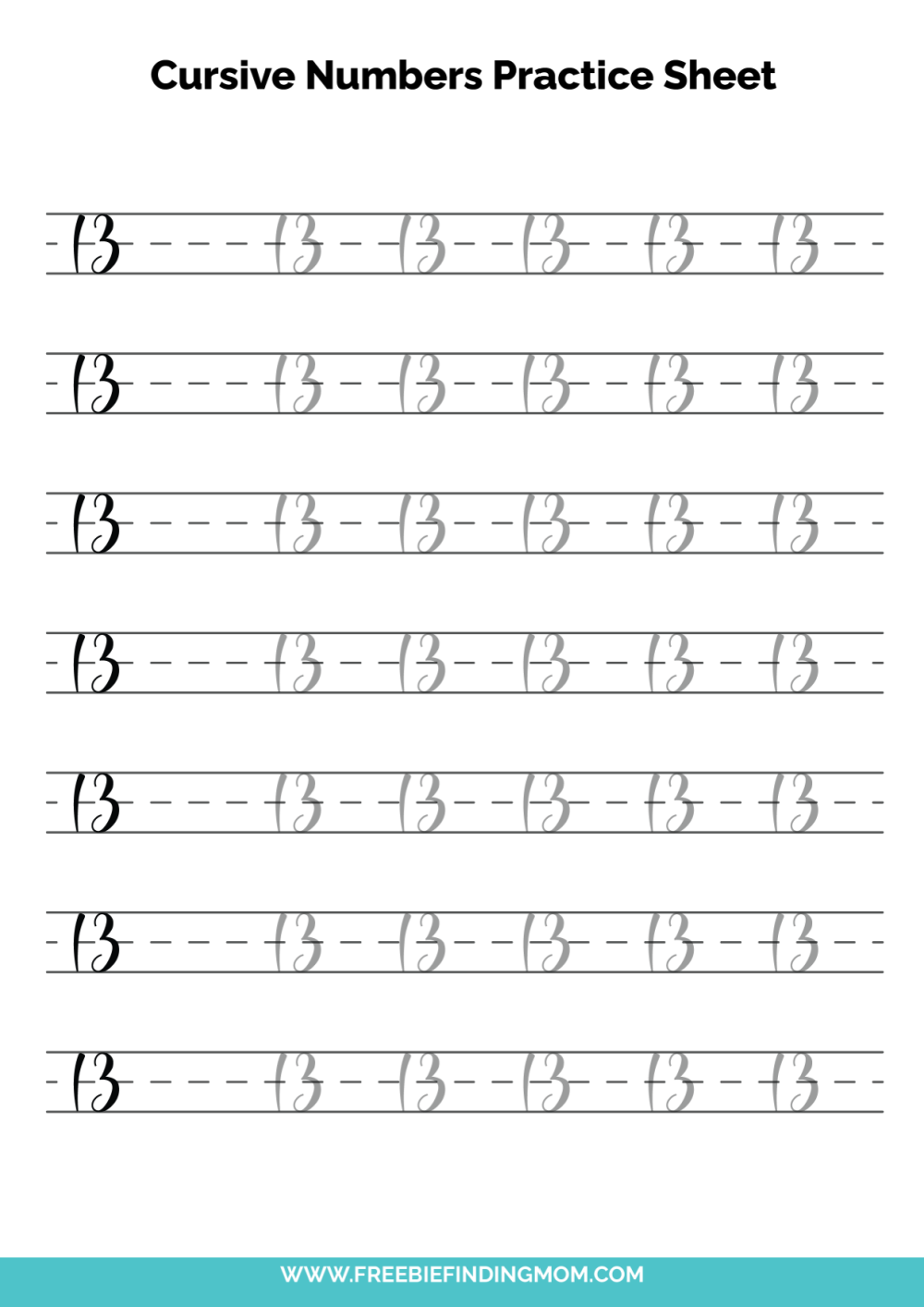 Free Printable Number Writing Worksheets Cursive Number 13