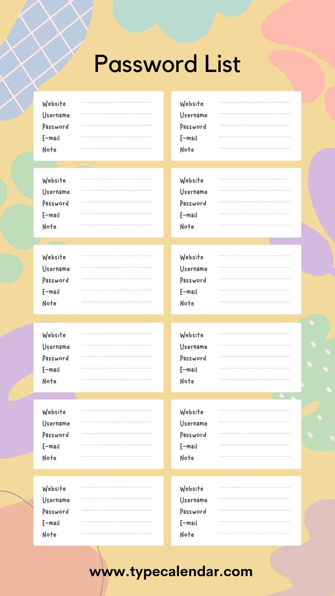 Free Printable Password List Templates Excel PDF Alphabetical