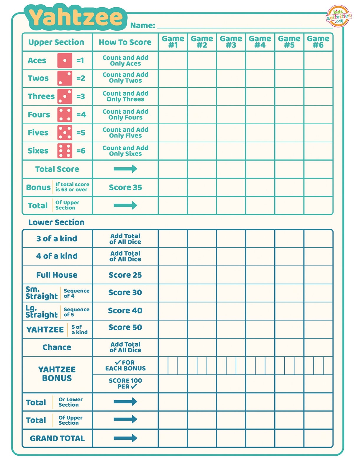 Free Yahtzee Score Sheet Printable Free Yahtzee Score Sheet Printable