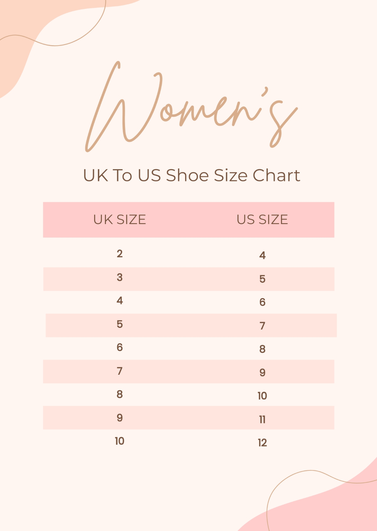 Printable Shoe Size Chart Women's