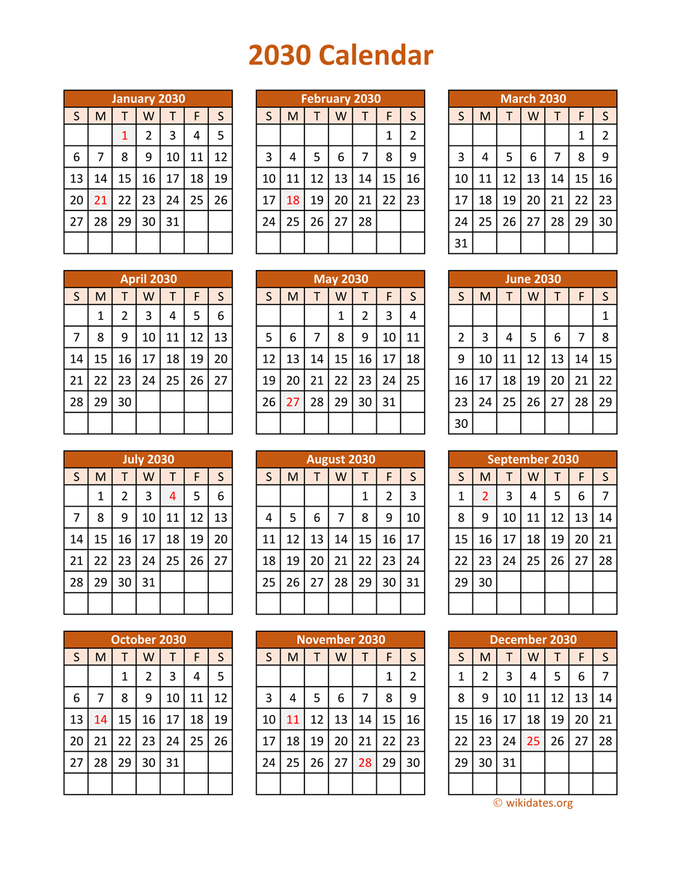 Full Year 2030 Calendar On One Page WikiDates