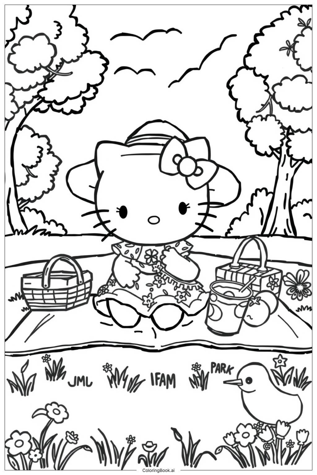 Hello Kitty Going On A Summer Picnic 2 Coloring Page Free PDF PNG Printable 