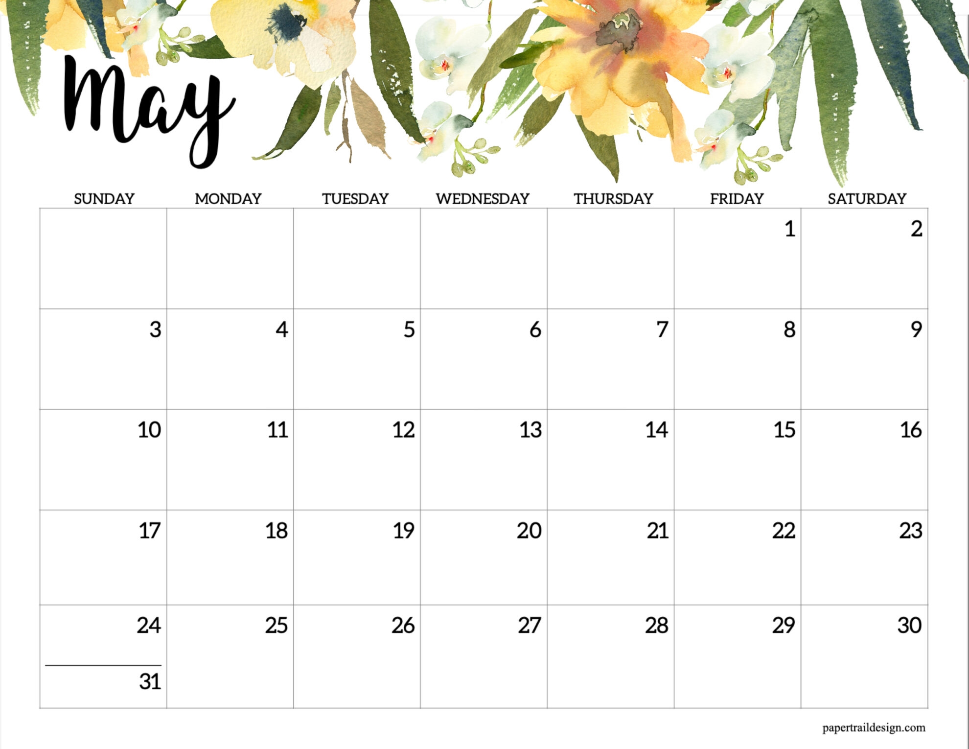 Horizontal Floral Printable Calendar 2026 Paper Trail Design