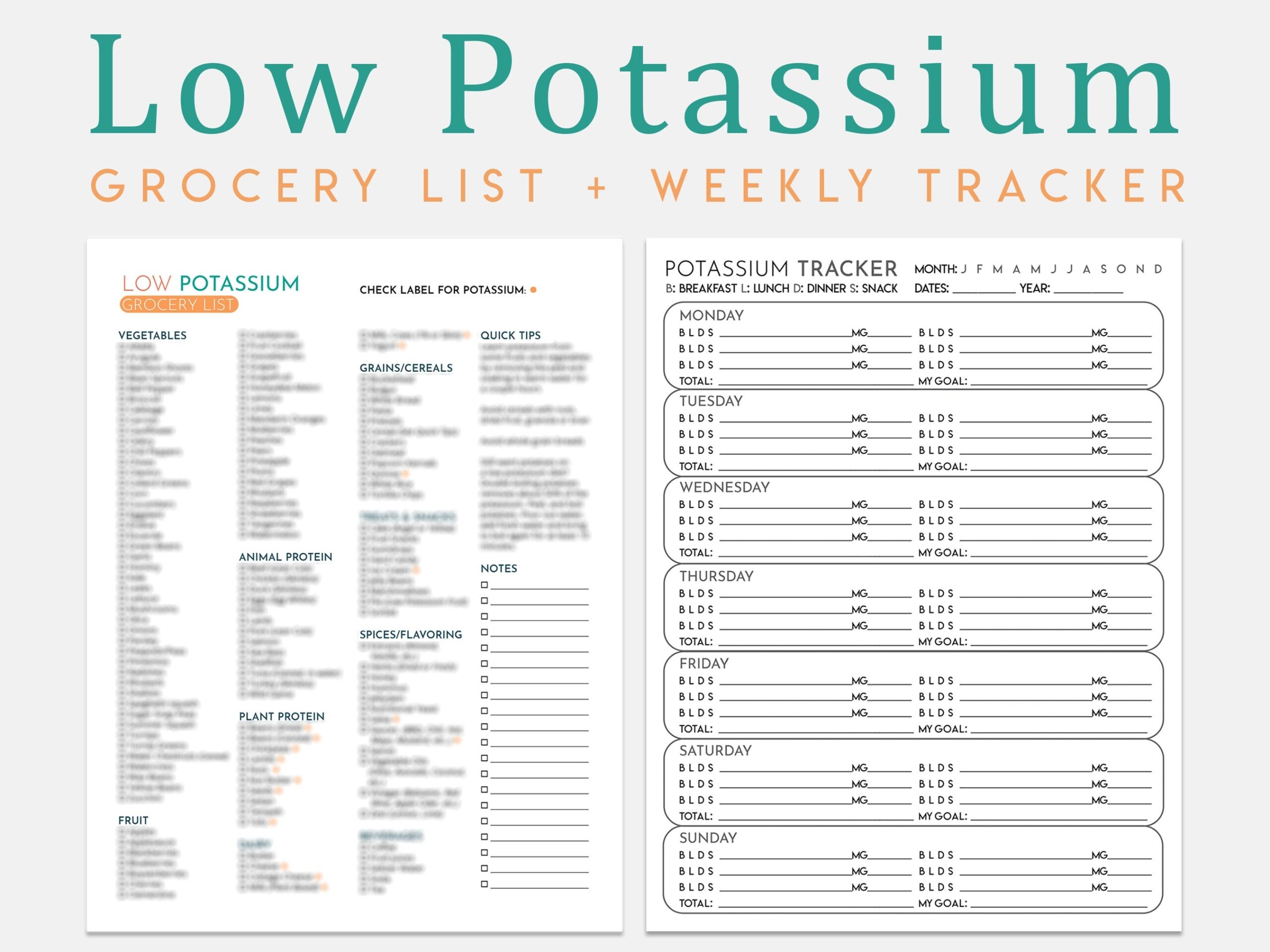 Low Potassium Diet Grocery List Weekly Tracker Kidney Friendly Food List Grocery List Food Guide Kidney Diet Printable PDF Etsy