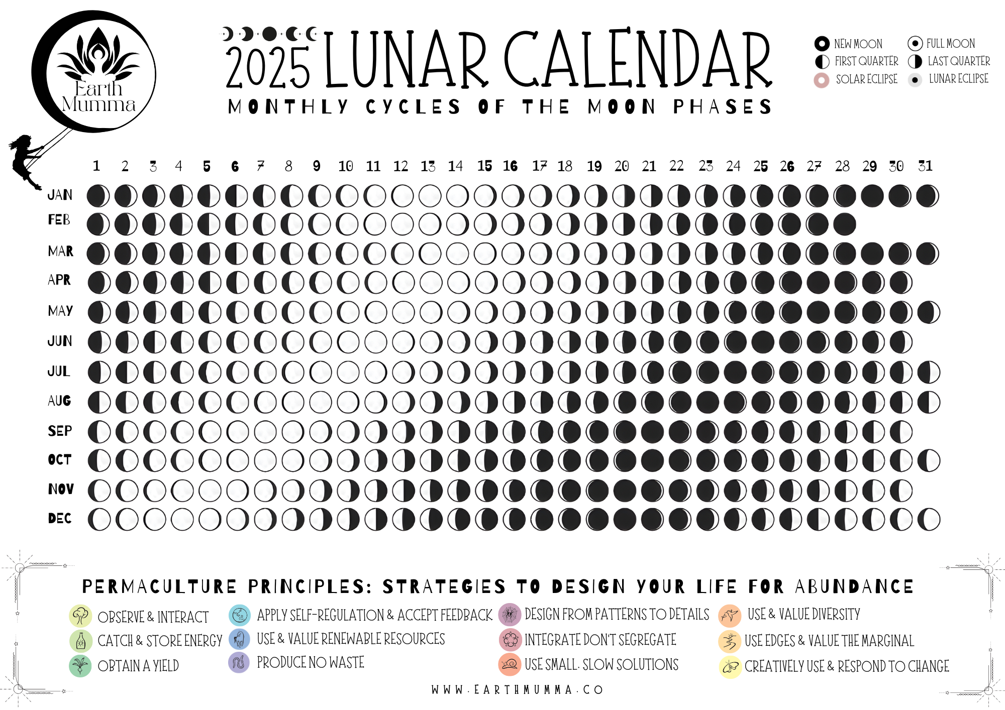 Lunar Calendar Illustrated With Moon Phases