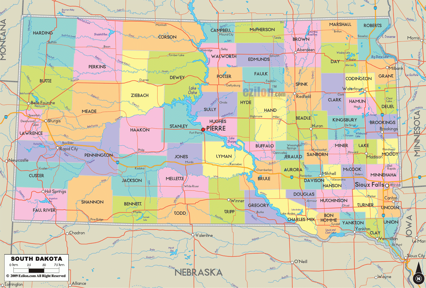 Map Of South Dakota Detailed South Dakota Map With Cities Counties And Roads Ezilon Maps