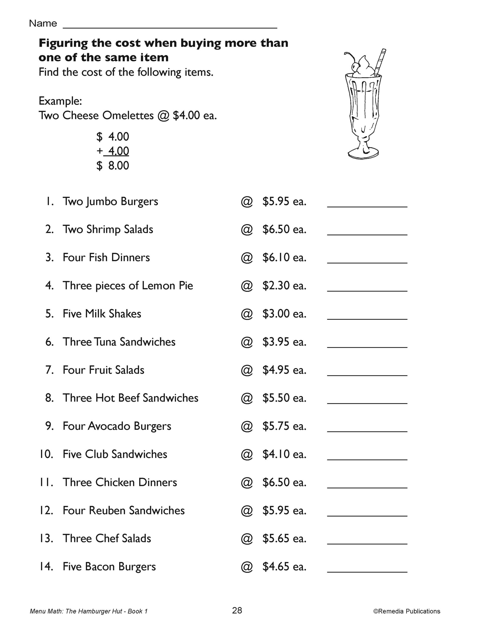 Printable Menu Math Worksheets