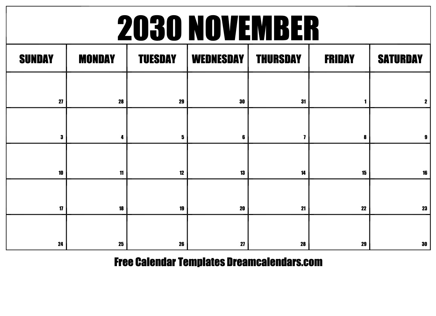 November 2030 Calendar Free Printable With Holidays And Observances