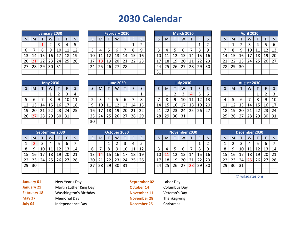 PDF Calendar 2030 With Federal Holidays WikiDates