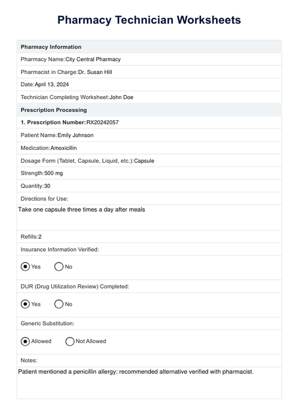 Pharmacy Technician Worksheets Example Free PDF Download