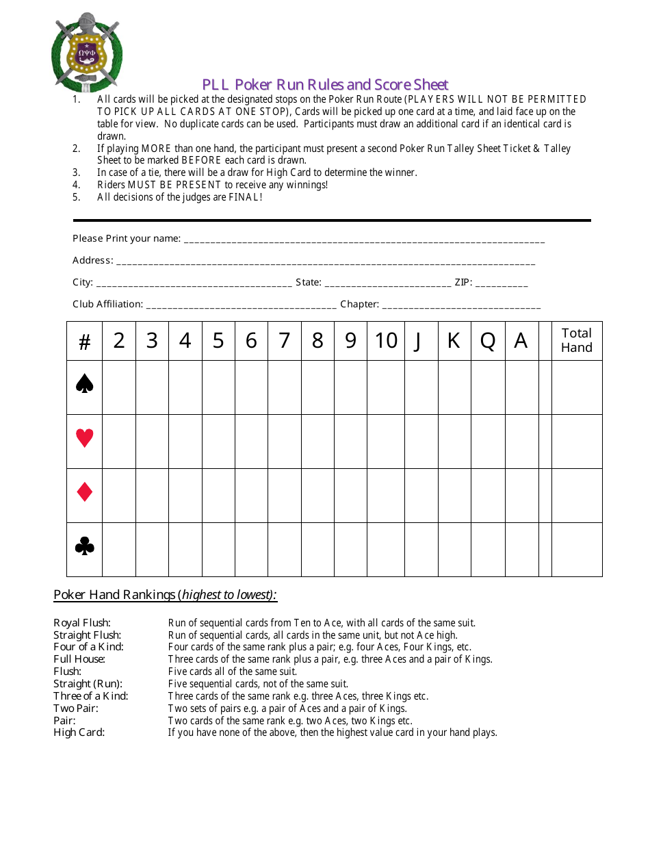 Printable Poker Run Score Sheet