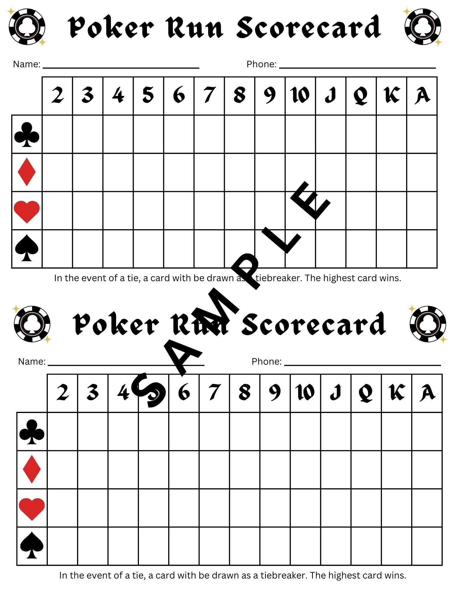 Printable Poker Run Score Sheet