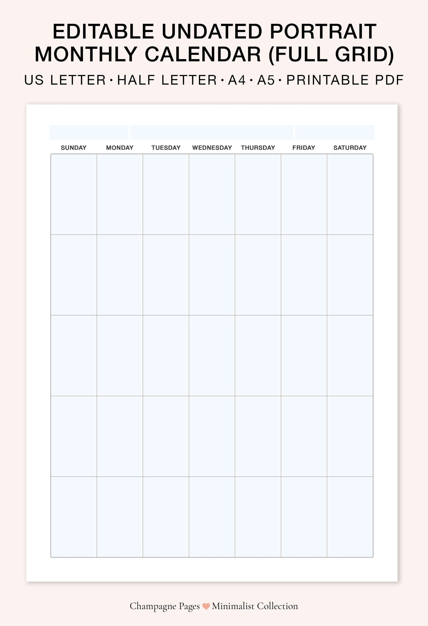 Portrait Editable fillable Monthly Calendar Printable Blank 