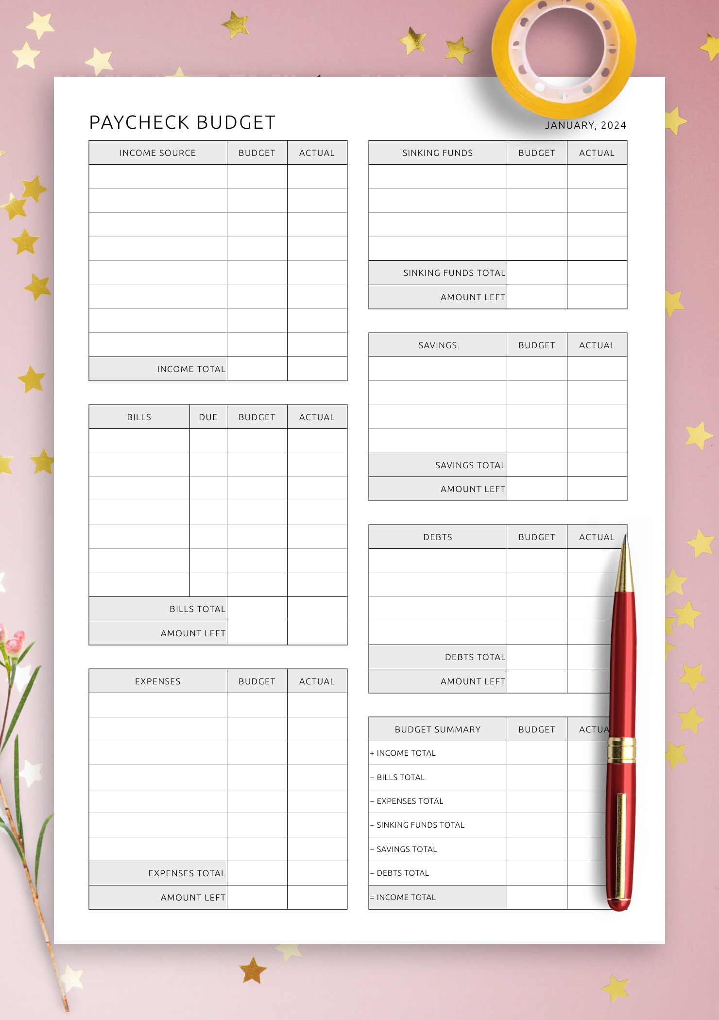 Free Printable Paycheck Budget Sheet