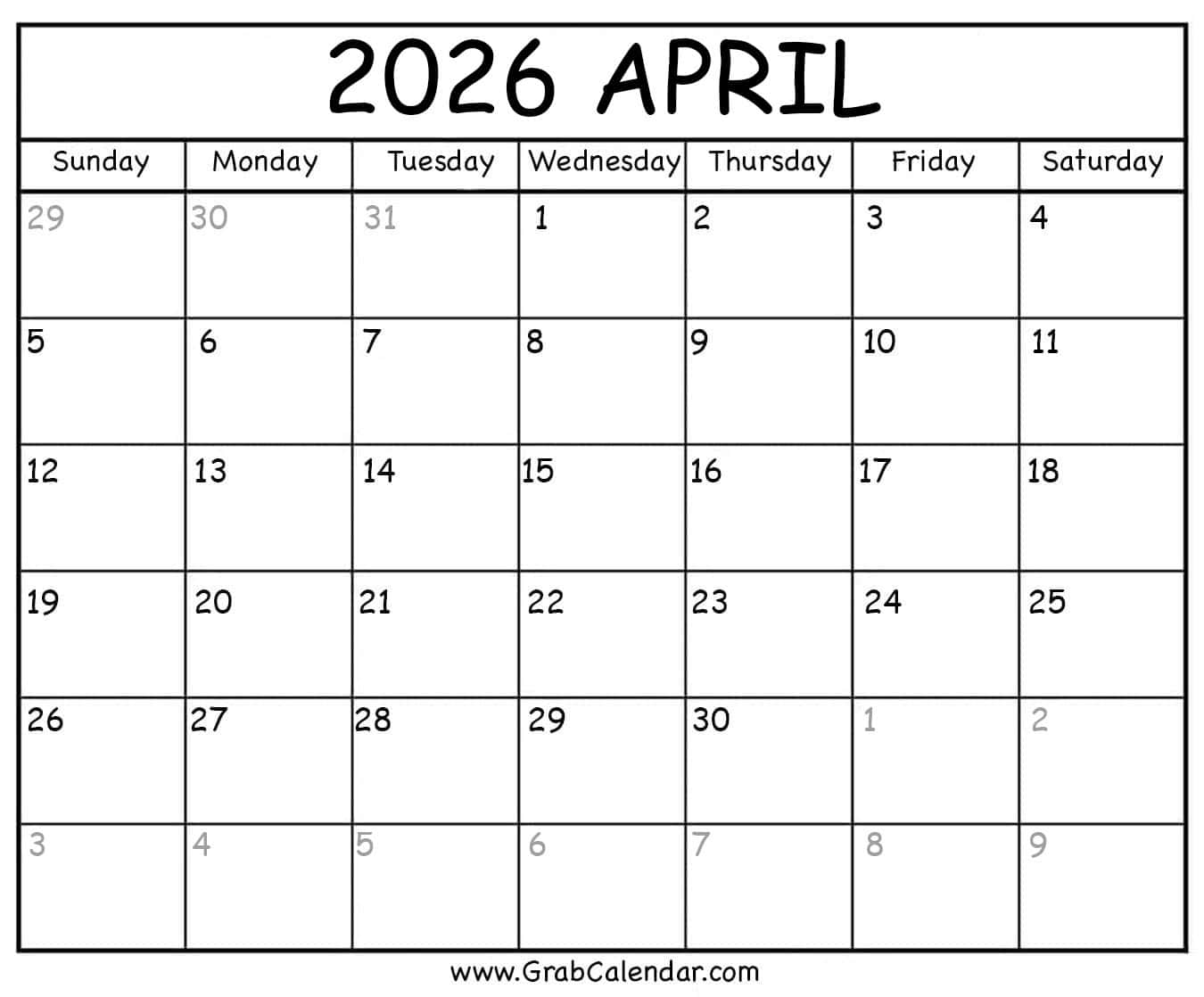 Printable April 2026 Calendar