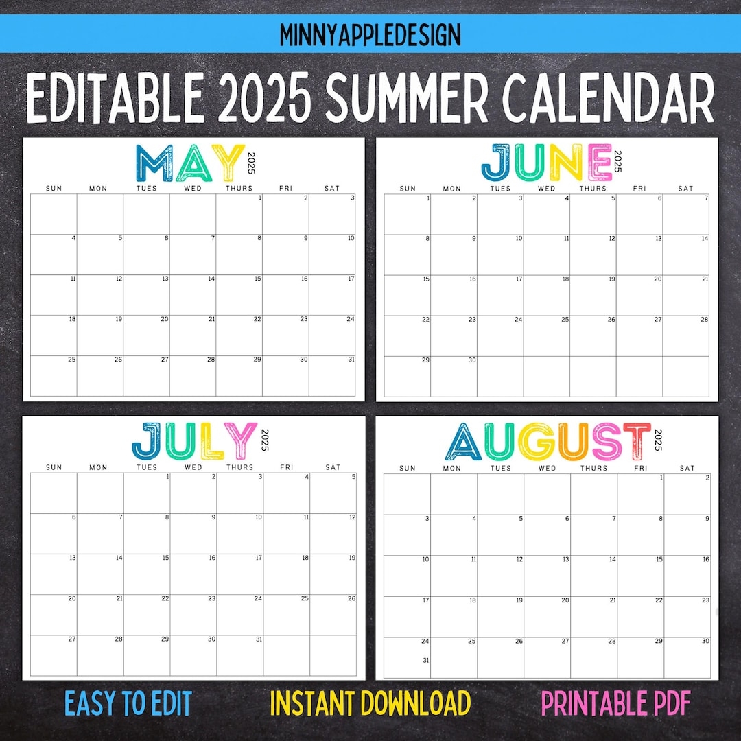Printable Editable SUMMER Calendar June July August Calendar May 2025 June 2025 July 2025 August 2025 Summer Planner Etsy Israel