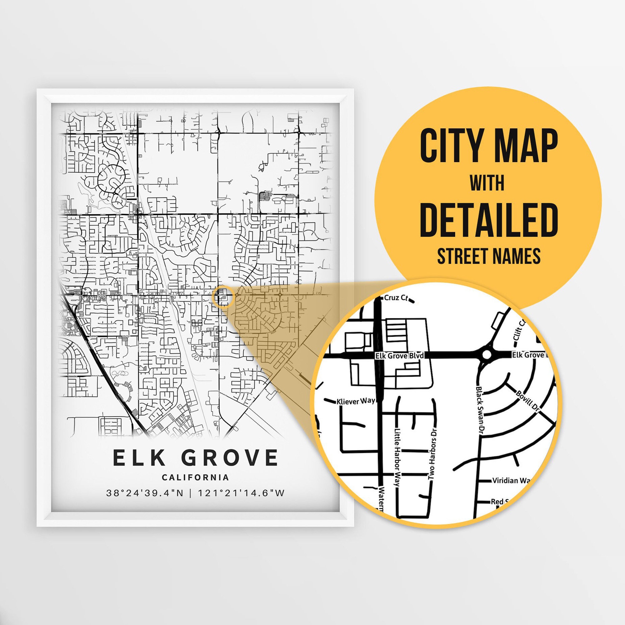 Printable Map Of Elk Grove California USA With Street Names Instant Download City Map Travel Gift City Poster Road Map Print Etsy