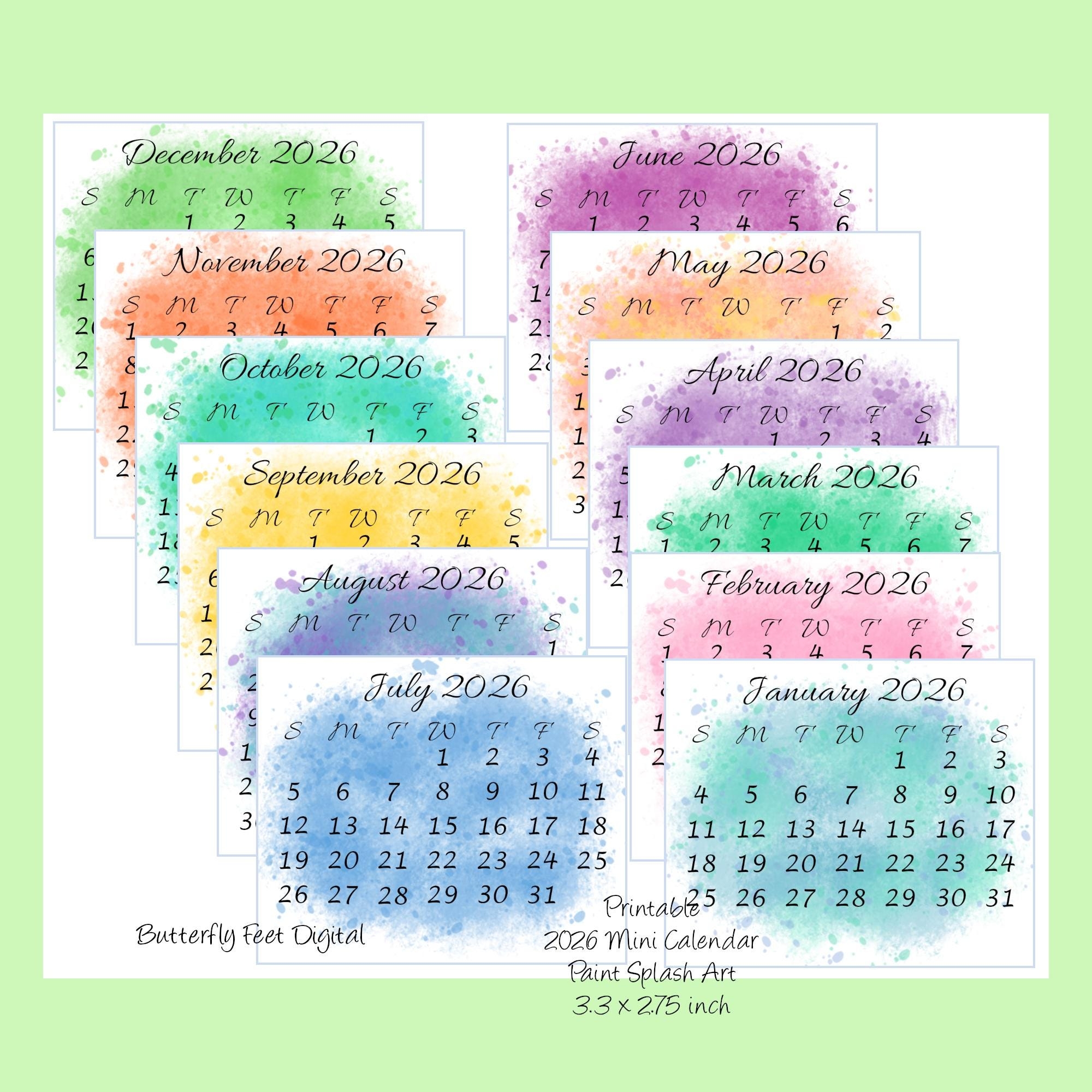 Printable Mini Calendar 2026 Pocket Or Purse Calendar Watercolor Paint Splash 3 3 X 2 75 Inch Digital Download Etsy