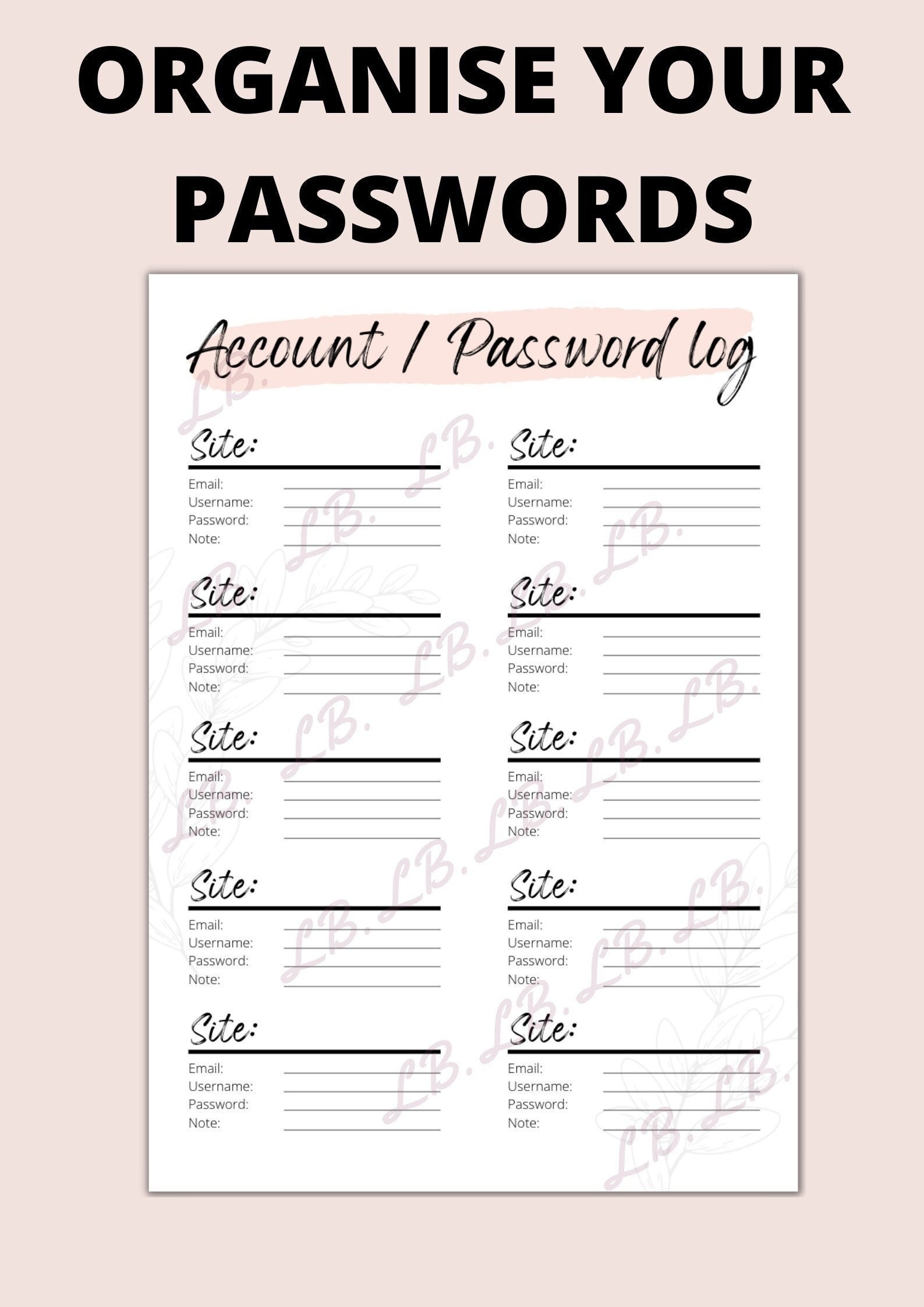 Printable Password Cheat Sheet Account Log Personal Password Diary Digital File Instant Download Etsy