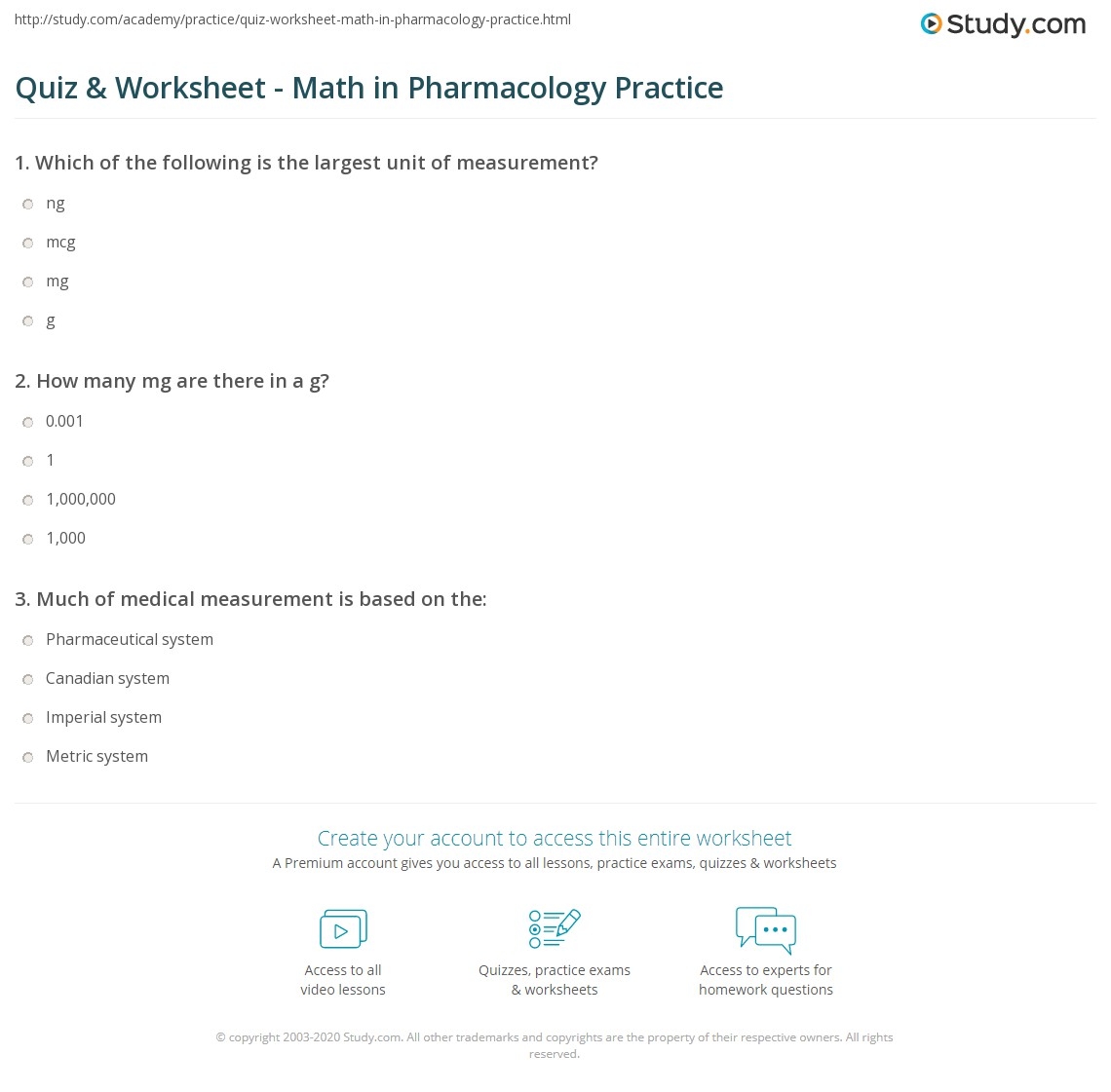 Quiz Worksheet Math In Pharmacology Practice Study Worksheets Library