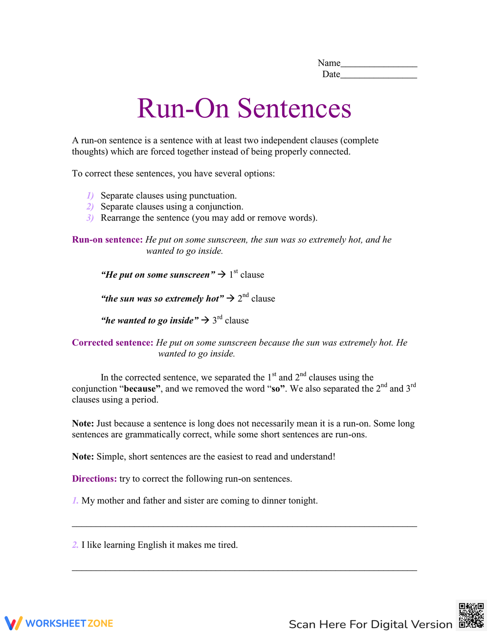 Free Printable Run On Sentences Worksheets