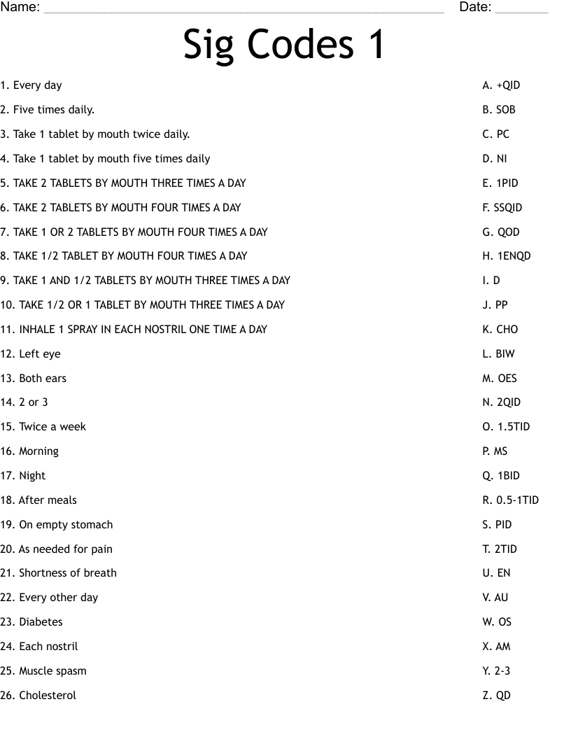 Sig Codes 1 Worksheet WordMint
