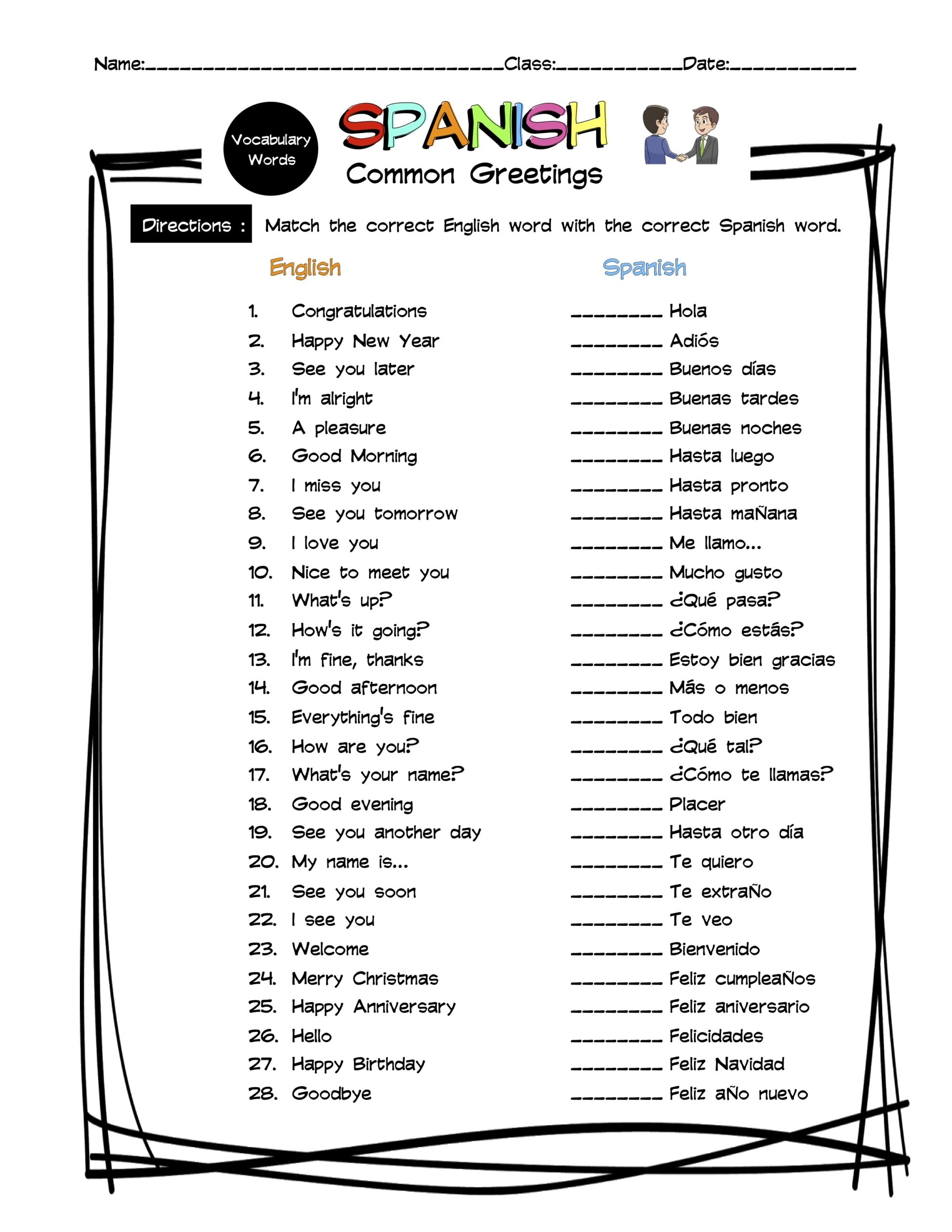 Spanish Vocabulary Matching Worksheets Answer Keys Made By Teachers