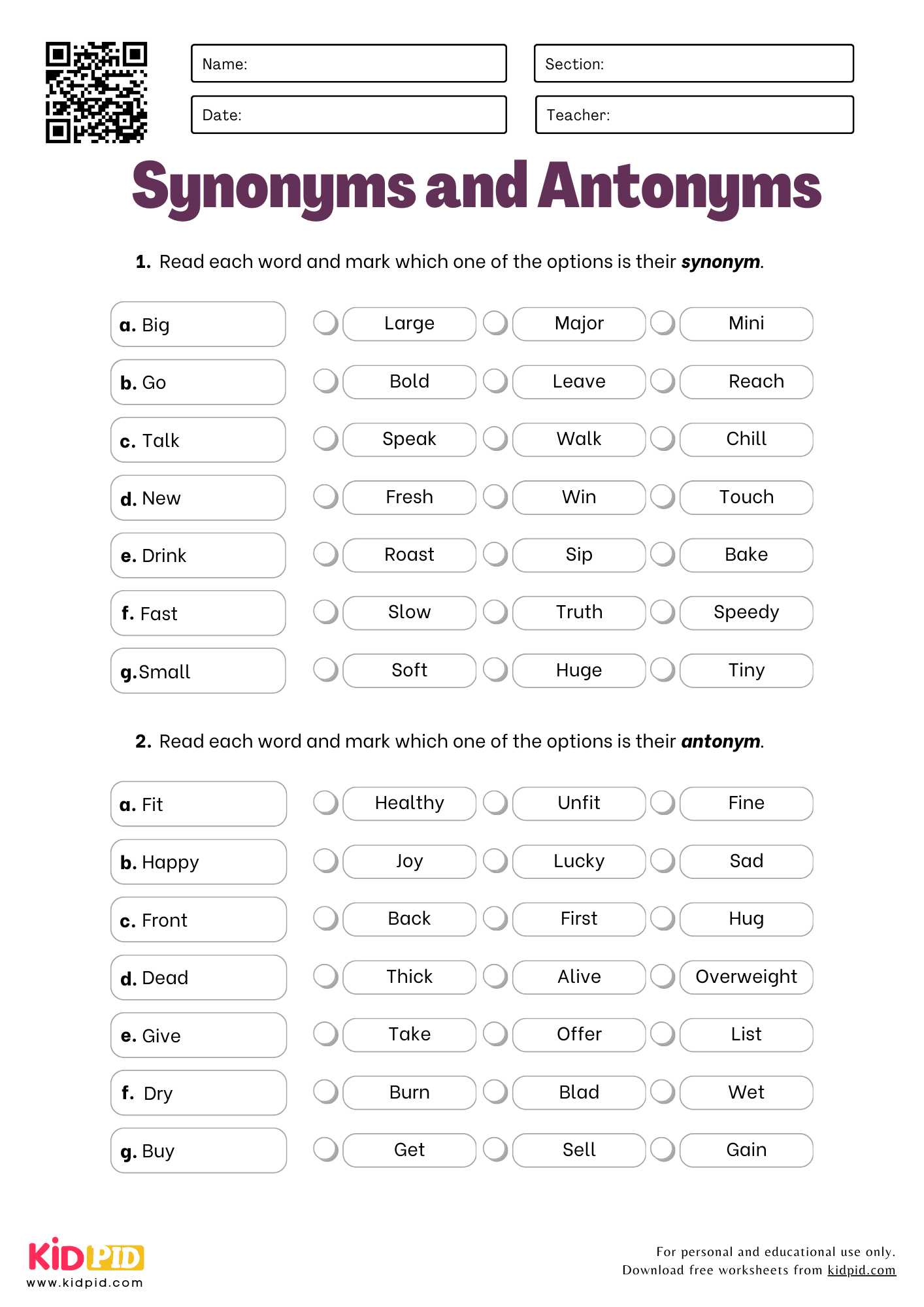 Synonyms Antonyms Worksheets For Kindergarten To Grade 5 Kidpid