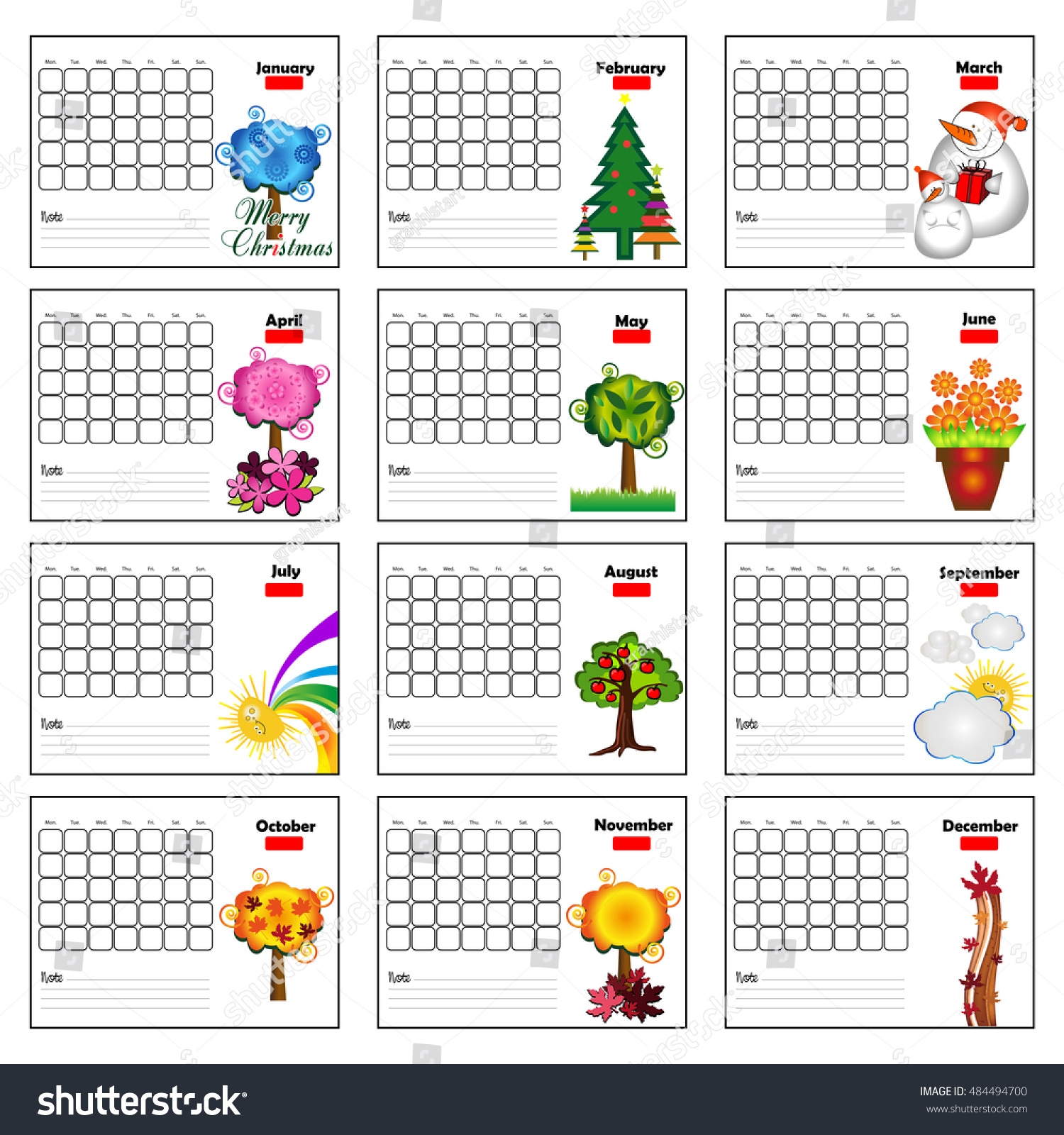 Vector Seasonal Blank Calendar January December Stock Vector Royalty Free 484494700 Shutterstock