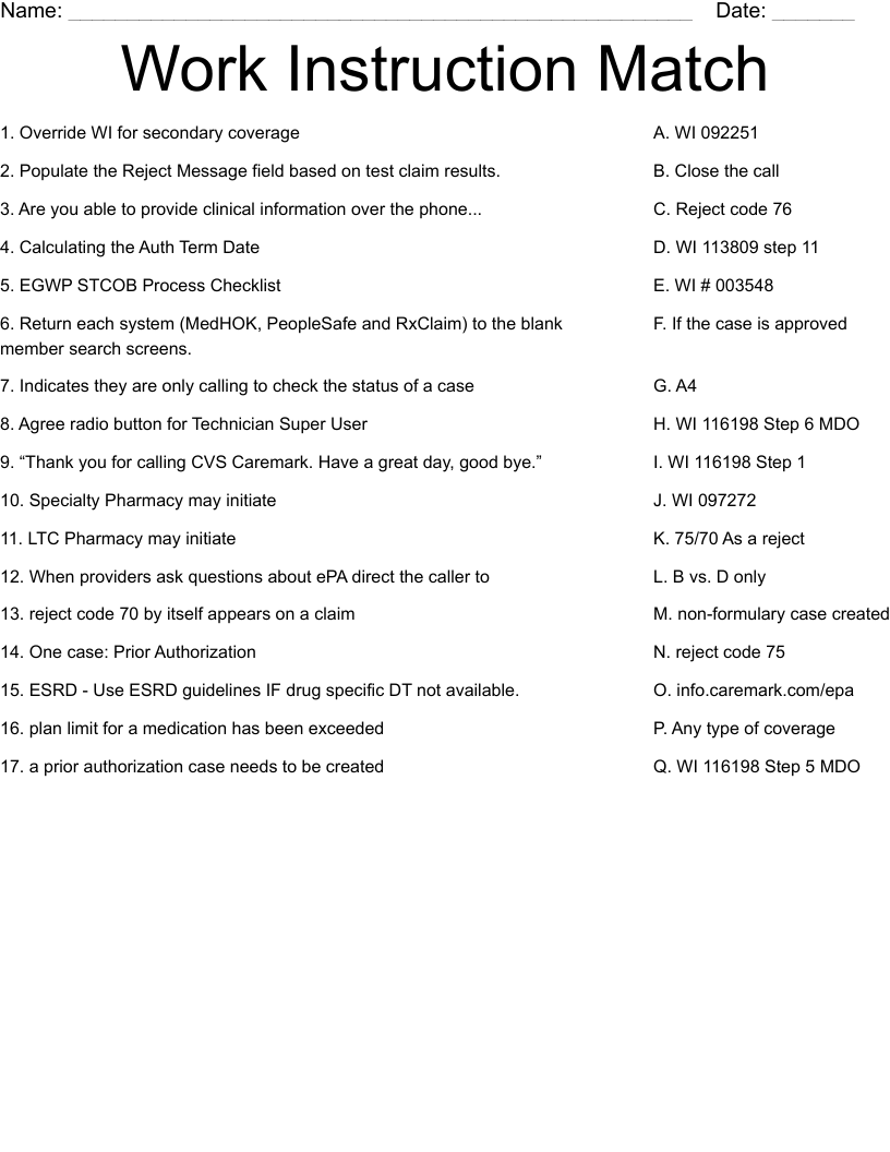 Work Instruction Match Worksheet WordMint