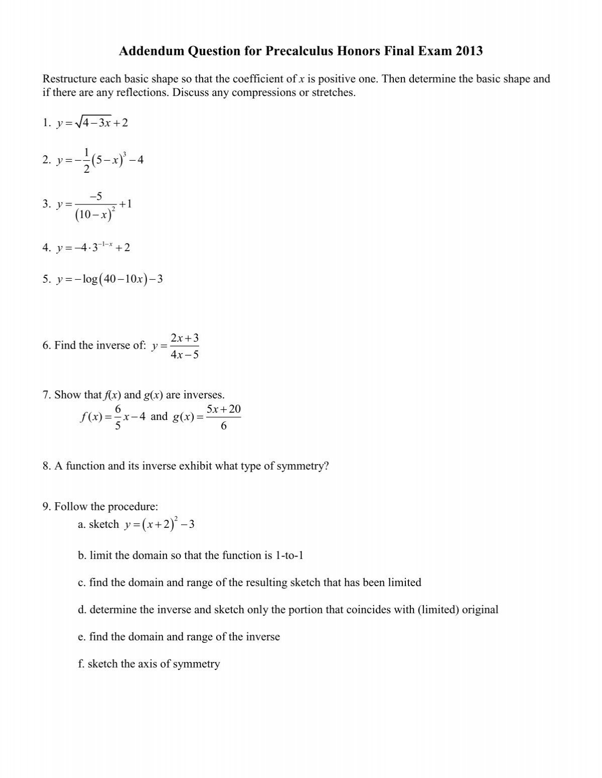 Worksheet 3 Precalculus Honors Worksheet 3 Precalculus Honors