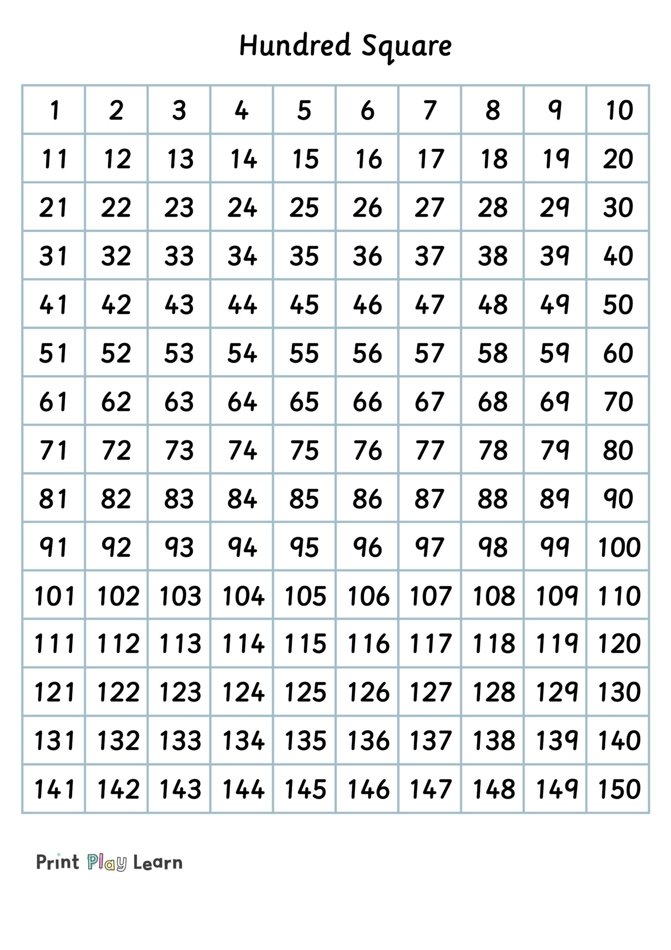 1 150 Hundred Square Printable Teaching Resources Print Play Learn