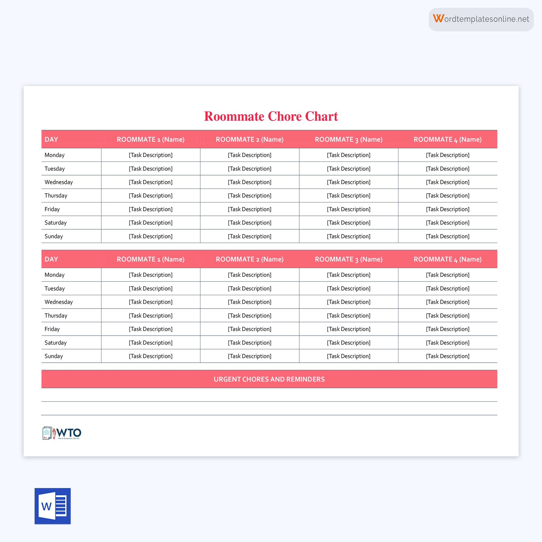 Roommate Chore Chart Printable