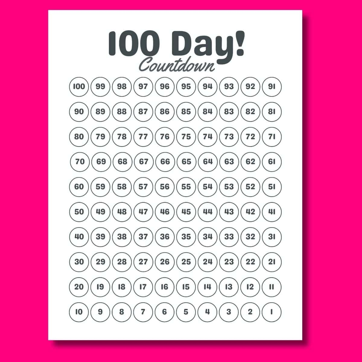 100 Day Countdown Calendar Printable FREE PDF