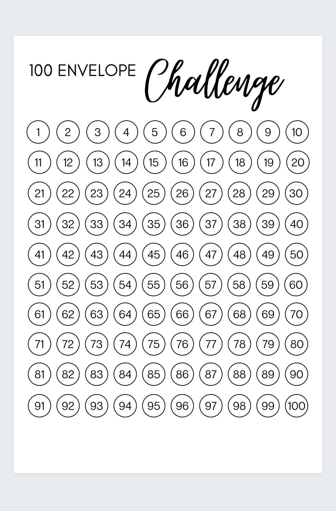Printable 100 Envelope Challenge Chart