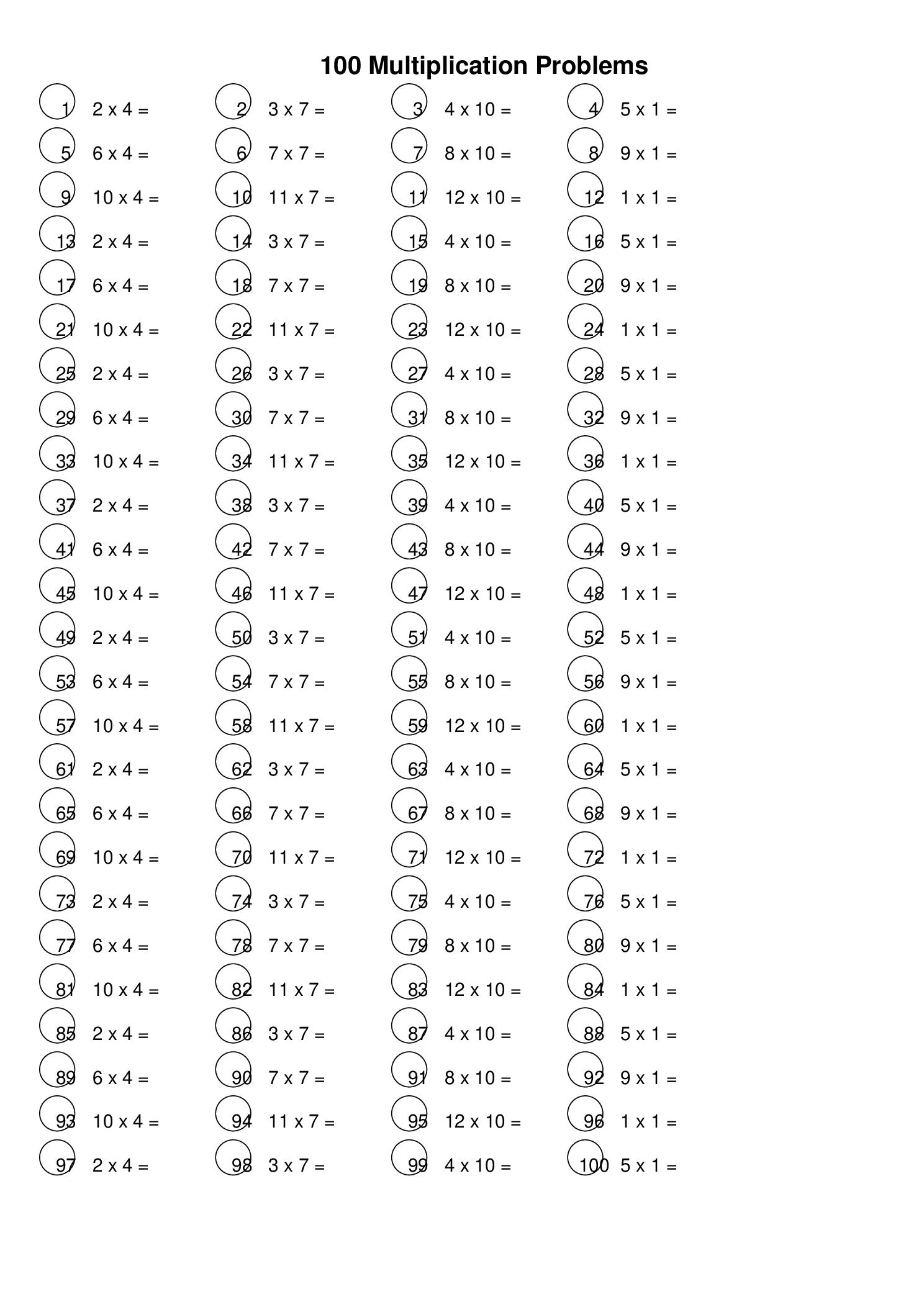 100 Multiplication Problems Printable Worksheet For Elementary Students Grades 1 5 Math Practice PDF Etsy