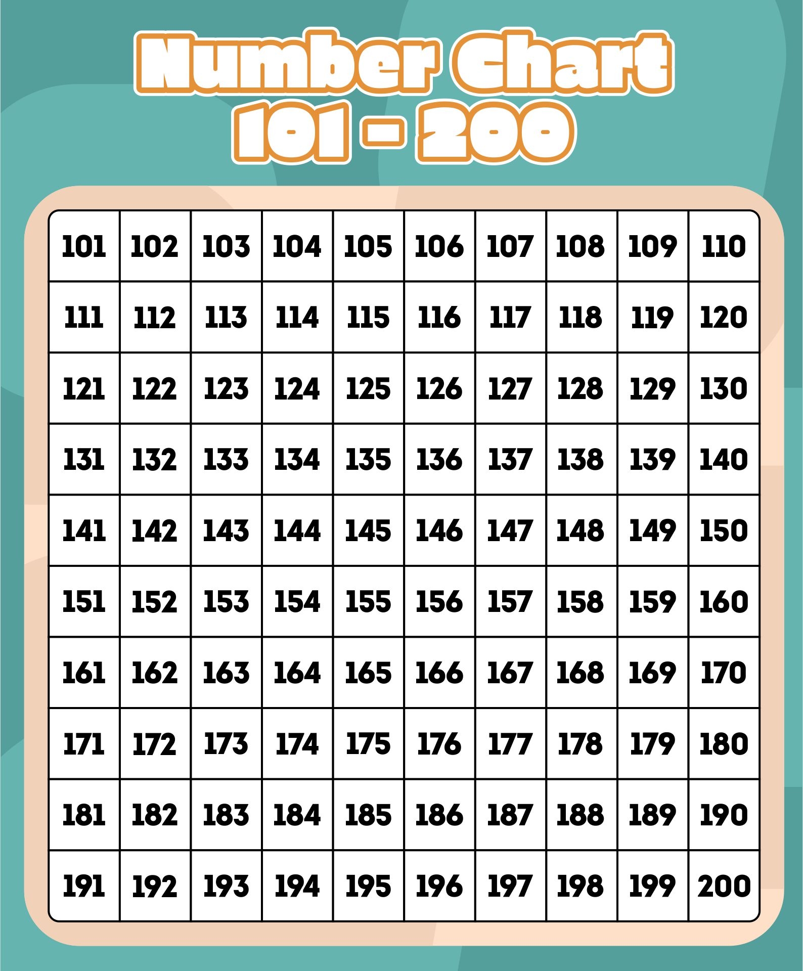 Number Chart To 200 Free Printable