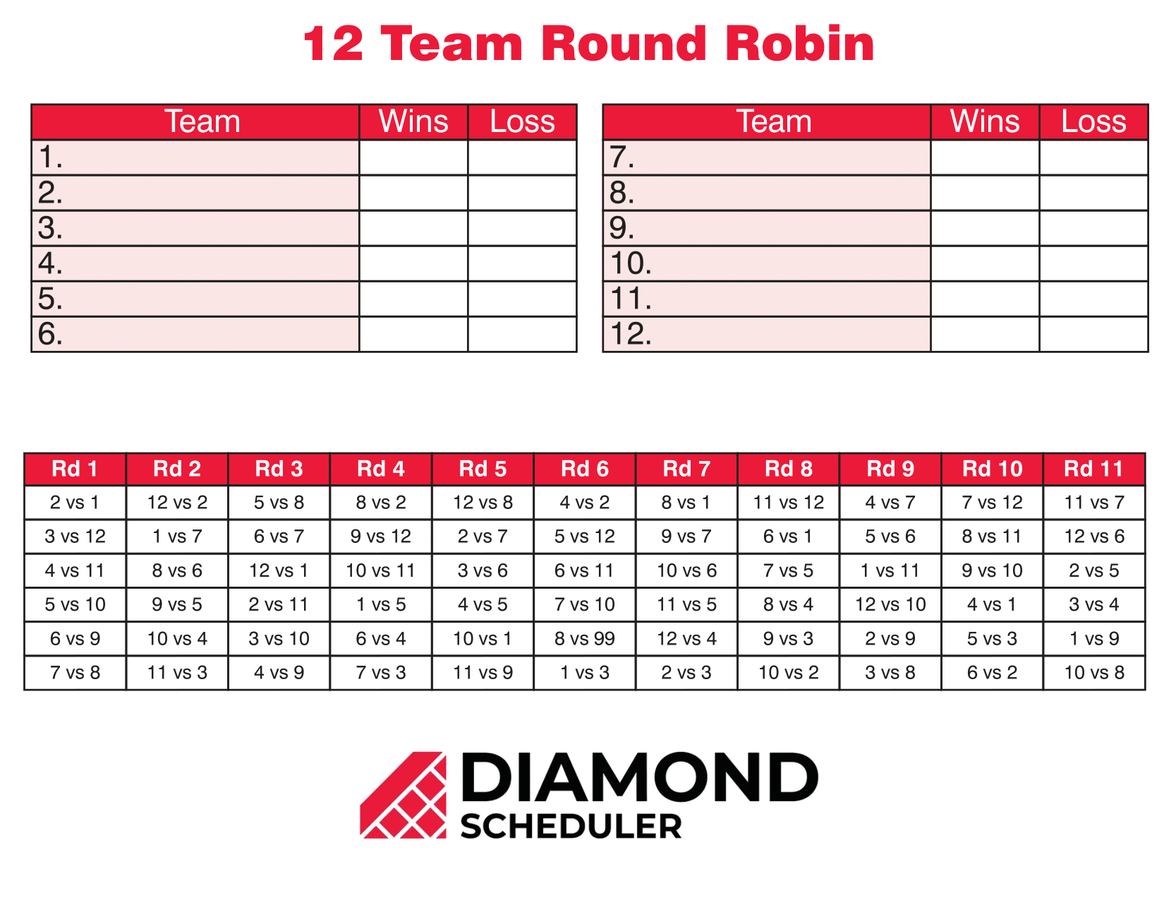 12 Team Round Robin Tournament Printable Diamond Scheduler