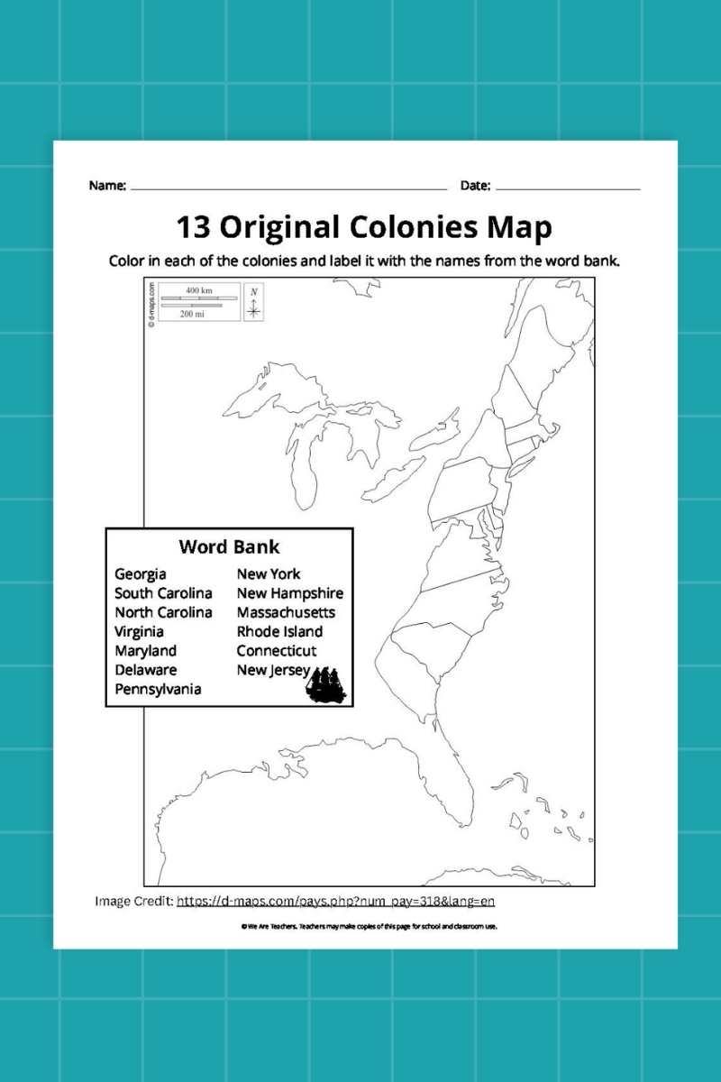 Printable Map Of The Thirteen Colonies