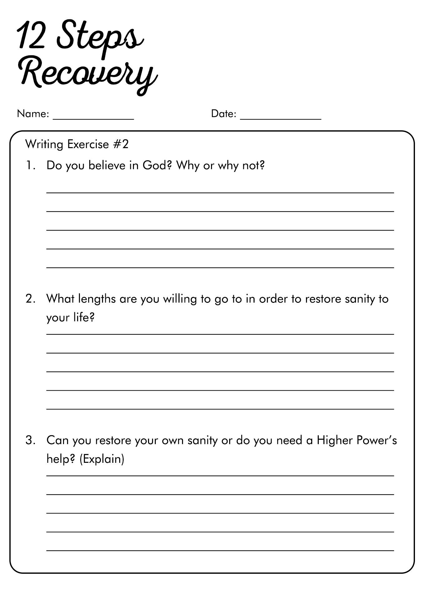 Printable Recovery Worksheets