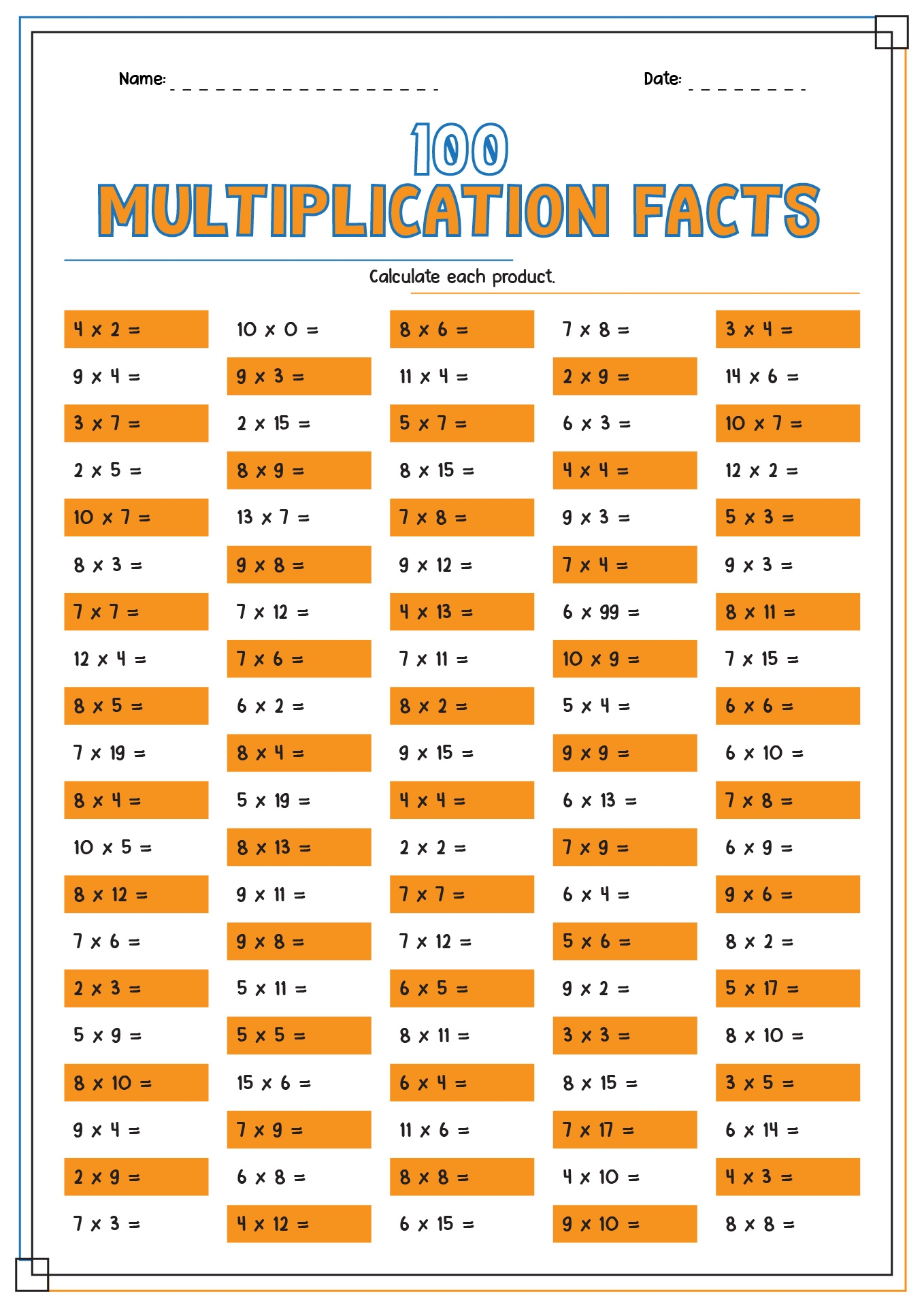 Printable Multiplication Worksheets 100 Problems