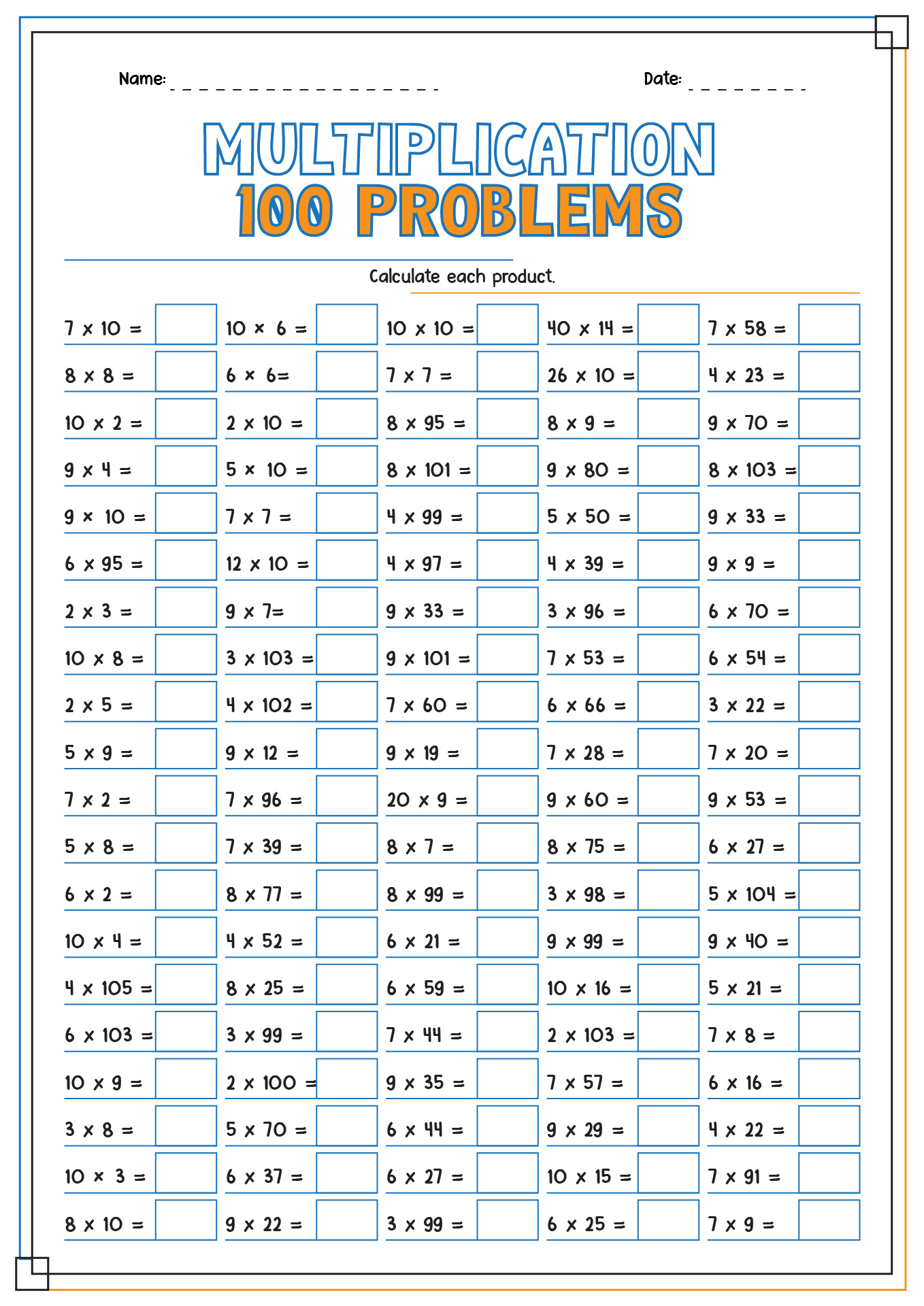 Multiplication Worksheets 100 Problems Printable