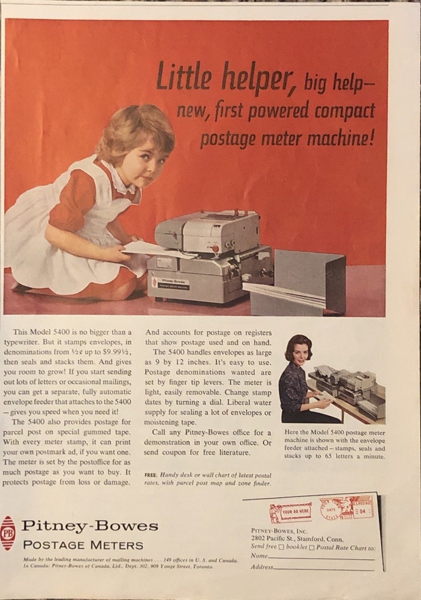 1961 Pitney Bowes Postage Meters VTG 1960s 60s PRINT AD Model 5400 Little Helper EBay 1961 Pitney Bowes Postage Meters VTG 1960s 60s PRINT AD Model 5400 Little Helper EBay